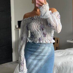 Vintage Blue Fairy Floral Mesh Ruched Off the Shoulder Long Sleeve Top
